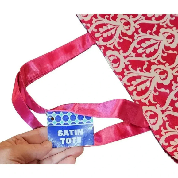 NEW Small Satin Pink White Tote Bag H 10" X W 14" - Picture 4 of 5